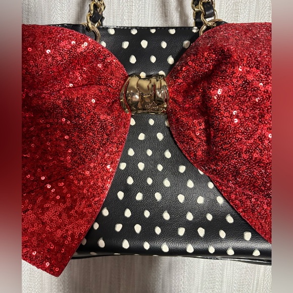 Betsey Johnson Black and White Polka Dot Bag with Red Bow - Picture 2 of 8